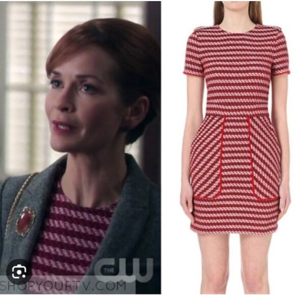 Maje Riola Striped Tweed Mini Sheath Dress Short Sleeve Red Black Womens Size 2 - Picture 2 of 10